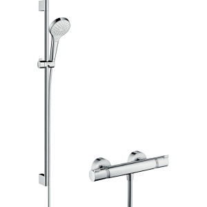 Hansgrohe Croma Select S Brausesystem Aufputz mit Thermostat und Handbrause in Chrom/Weiß.