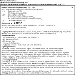 Informationen zum Rasen-Dünger 7,5 kg: Inhaltsstoffe, Anwendungshinweise und Lagerung.