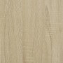 Nahaufnahme der hellen Sonoma-Eiche Holzmaserung. Detail der Holzoptik des Bettgestells aus Holzwerkstoff.