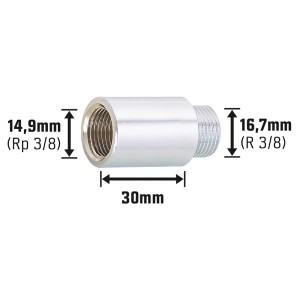 Verchromte Hahnverlängerung aus Messing, 14,9 mm x 16,7 mm, 25 mm lang, für Gewindefittings.