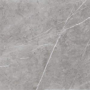 Graue, polierte Feinsteinzeug Bodenfliese, 60x60 cm, mit Marmorierung für Innenräume.