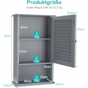 Grauer Costway Hängeschrank mit Lamellentür, verstellbaren Einlegeböden und Maßen 70x42x16,5cm. Badregal mit 5kg Traglast.