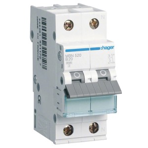 Hager Leitungsschutzschalter B20A 1P+N, 2-polig, für den Schutz von Stromkreisen.