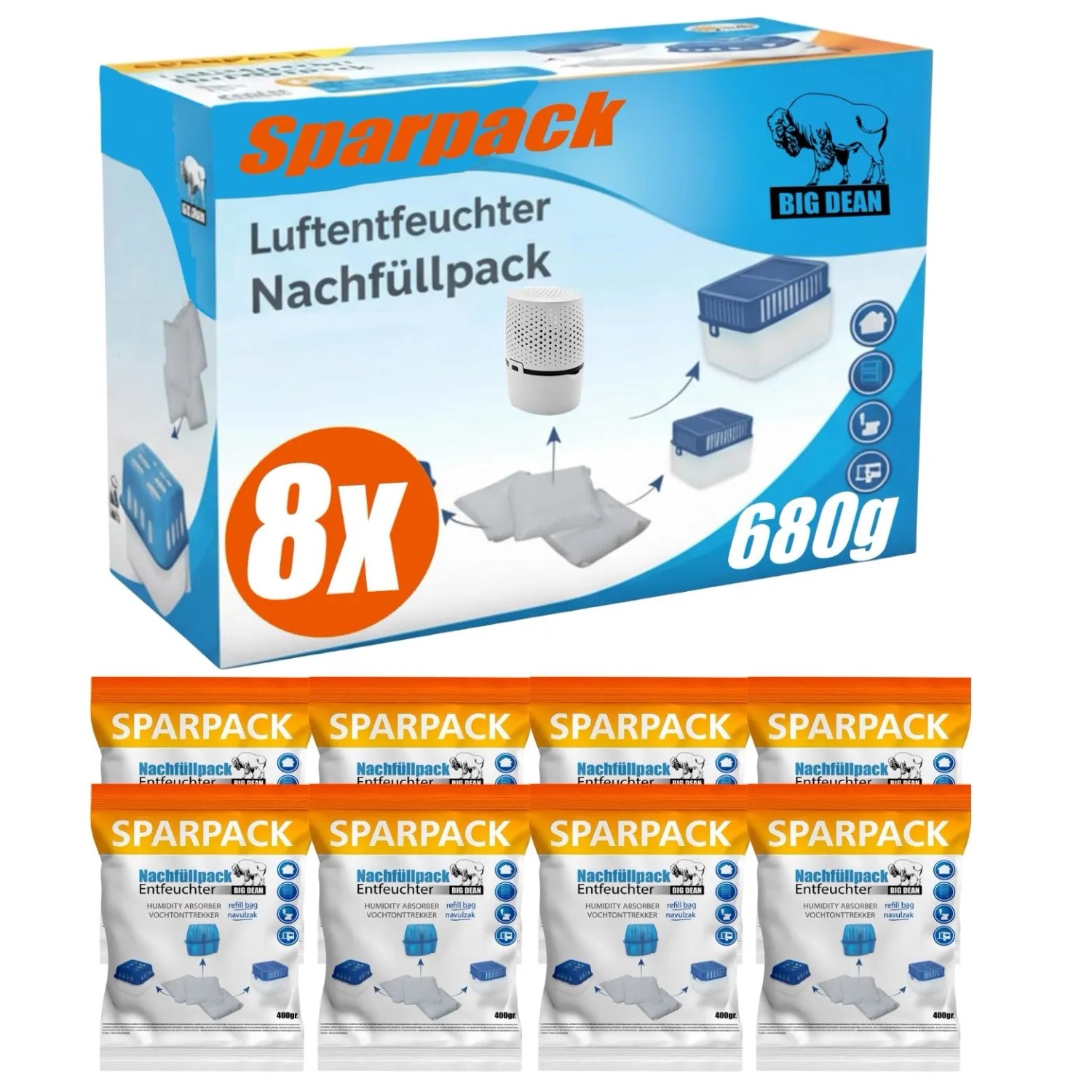 BigDean Luftentfeuchter Nachfüllpack 8 x 680 Gramm Premium Granulat