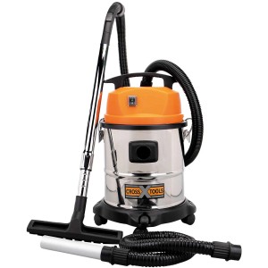 Cross Tools NTAS 1200 Nass-Trockensauger mit Zubehör, orangefarbener Kopf, Metalleimer, Schlauch und Düsen.