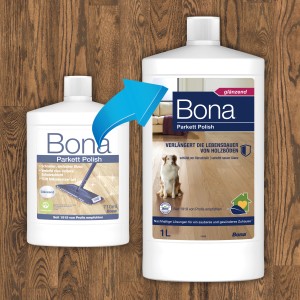 Bona Parkett Polish Glänzend 1 l: Flasche Holzpflege für glänzende, geschützte Parkettböden.
