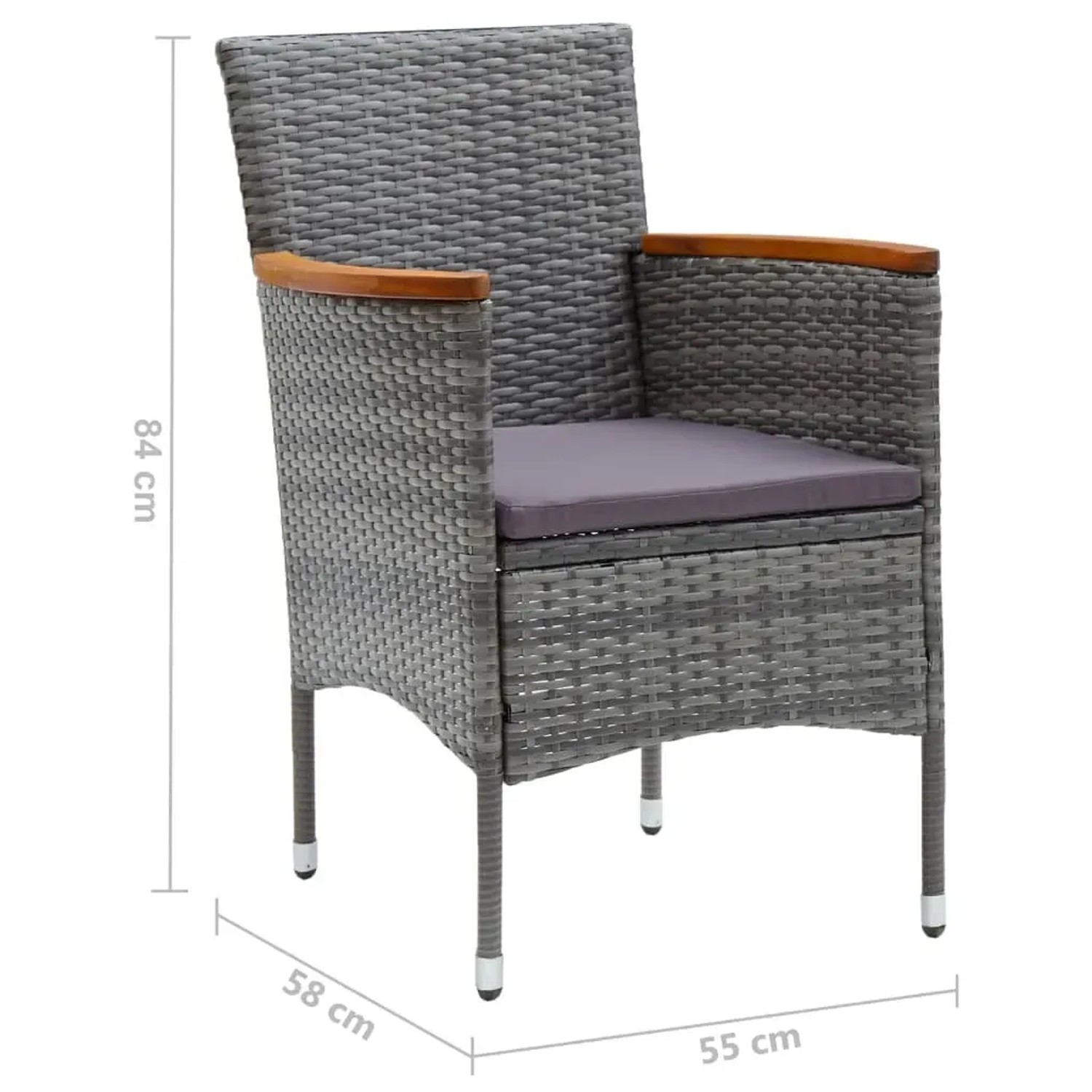 Grauer Rattan Gartenstuhl mit Akazienholz-Armlehnen und dunklem Sitzkissen als Teil eines Bistro-Sets.