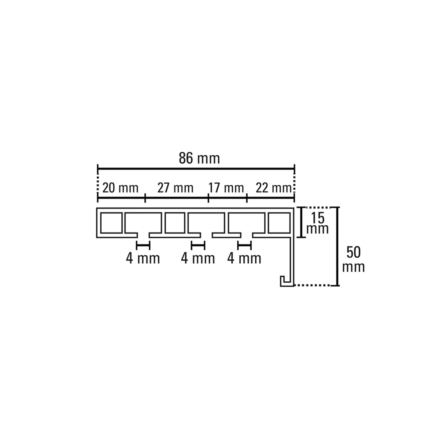 Detailzeichnung Gardinia Vorhangschiene P2Ü Weiß 250 cm mit Maßangaben für Montage.