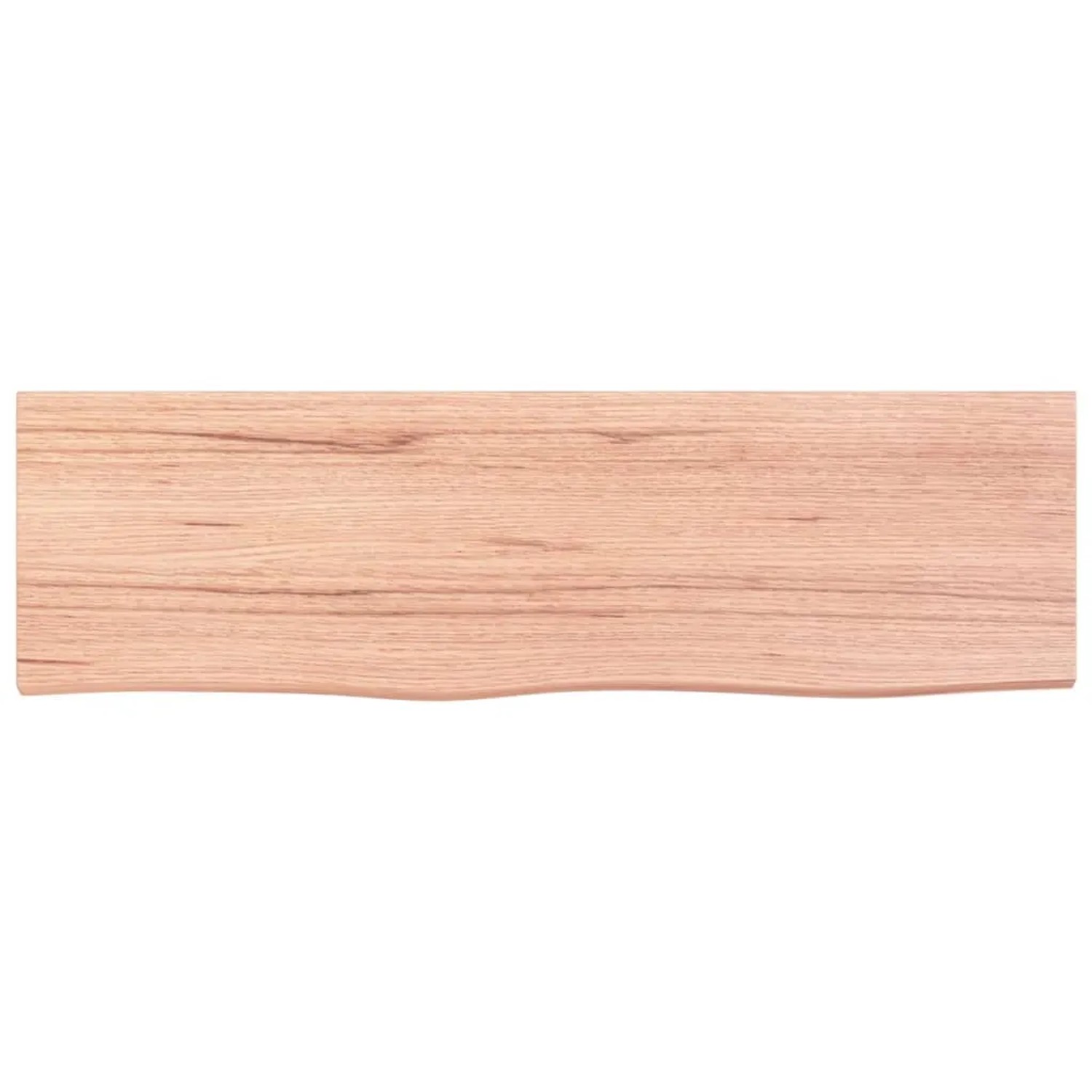 Helle, rechteckige Waschtischplatte aus behandeltem Massivholz (Eiche) mit Naturkante, 100x30x2 cm.