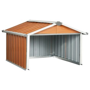 Braune Rasenmäher Garage aus verzinktem Stahl, 92x97x63 cm, schützt Mähroboter.