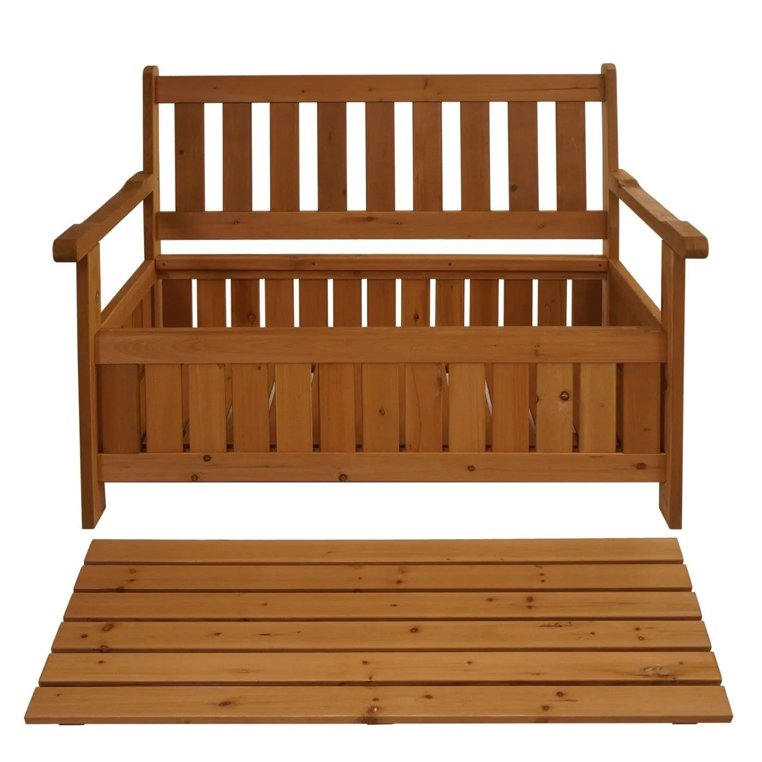 Braune Gartenbank aus Tannenholz mit Stauraum unter der Sitzfläche. Truhenbank für den Outdoorbereich.