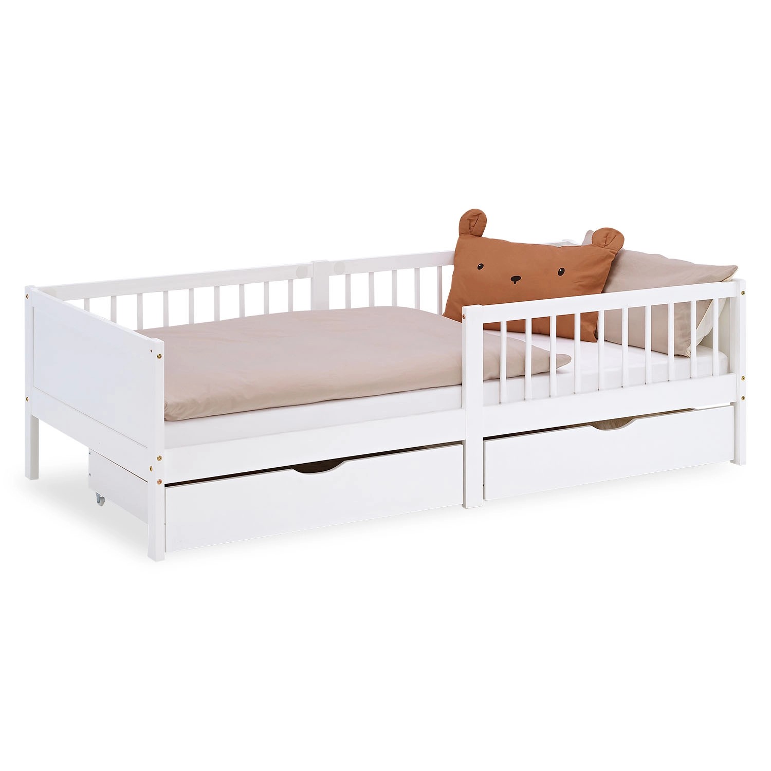 Homestyle4u Kinderbett 90x200 Holzbett mit Rausfallschutz 2 Bettkästen Weiß günstig online kaufen