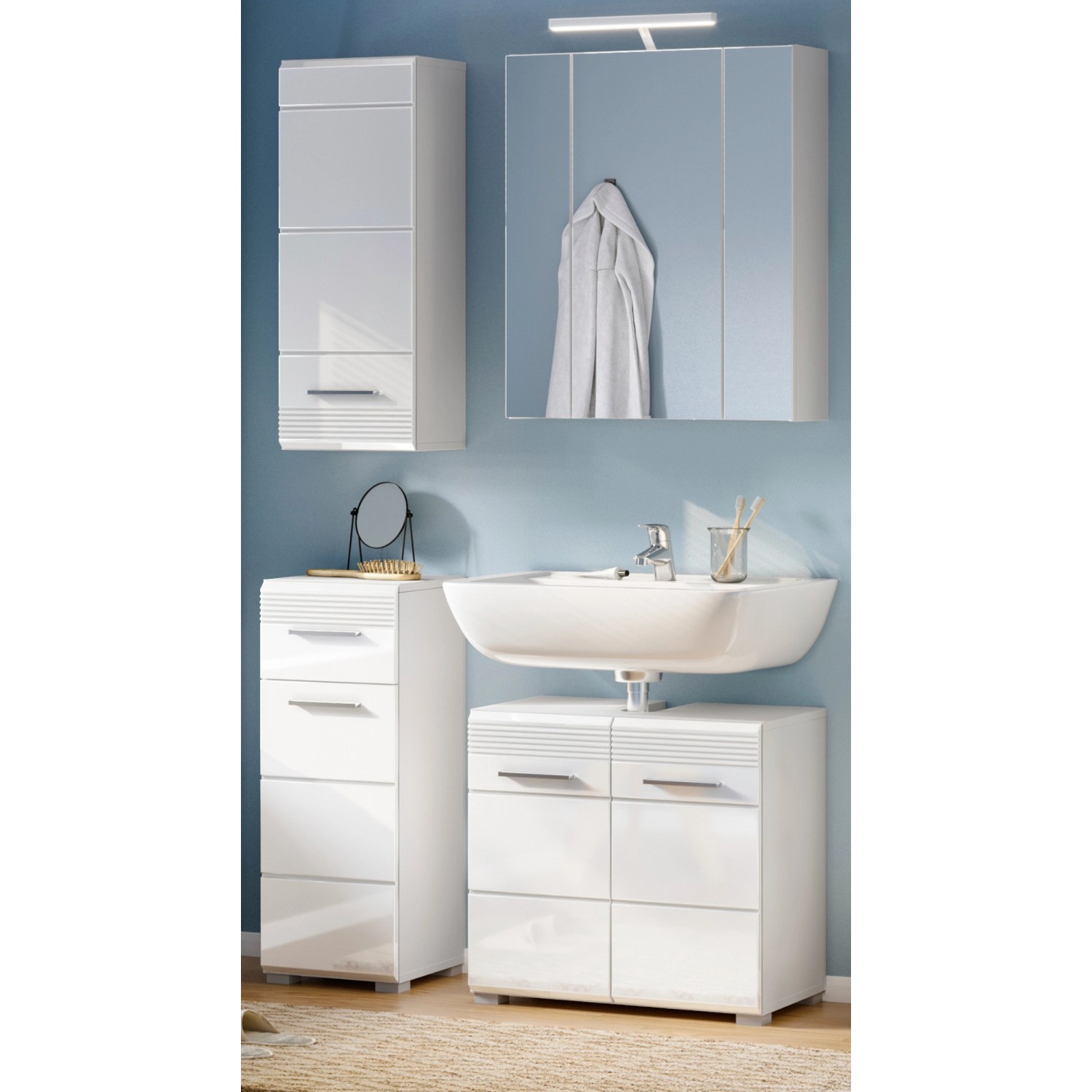 Inn.Furn Badmöbel-Set Weiß Hochglanz 4-teilig 105 cm 16 Fächer Leon günstig online kaufen