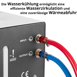 STAHLWERK Wasserkühler mit roten, blauen Schnellkupplungen für Schläuche. Zeigt Anschlüsse, Tankfüllstand. Zubehör Schweißgeräte.