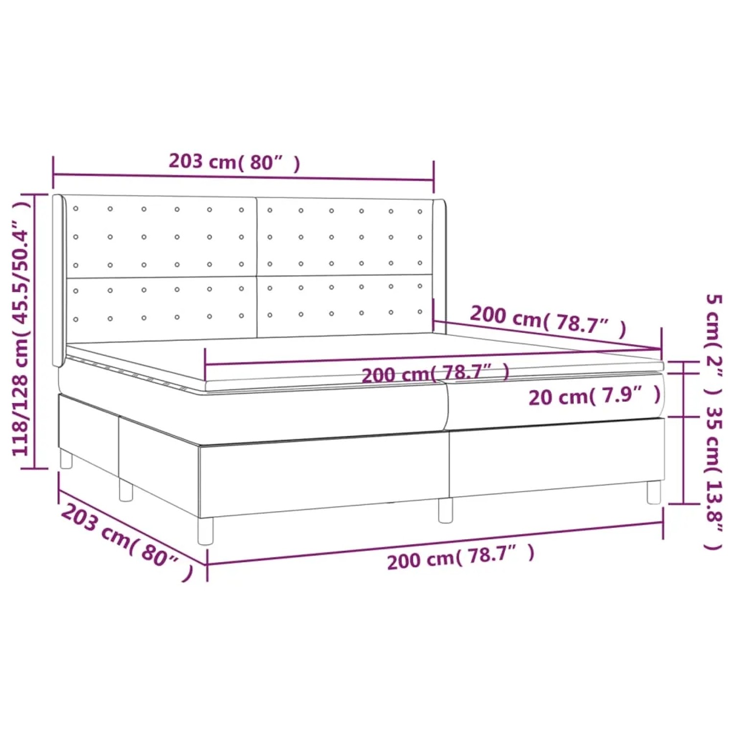 vidaXL Boxspringbett mit Matratze, schwarz, 200x200 cm, Kunstleder, mit Maßangaben.