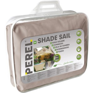 Verpacktes Perel Viereck-Sonnensegel, 360x360 cm, braun-grau, UV-Schutz, wasserabweisend.