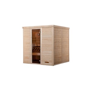 Weka Massivholzsauna Kemi 3 Sparset mit Glastür und Saunaofen.