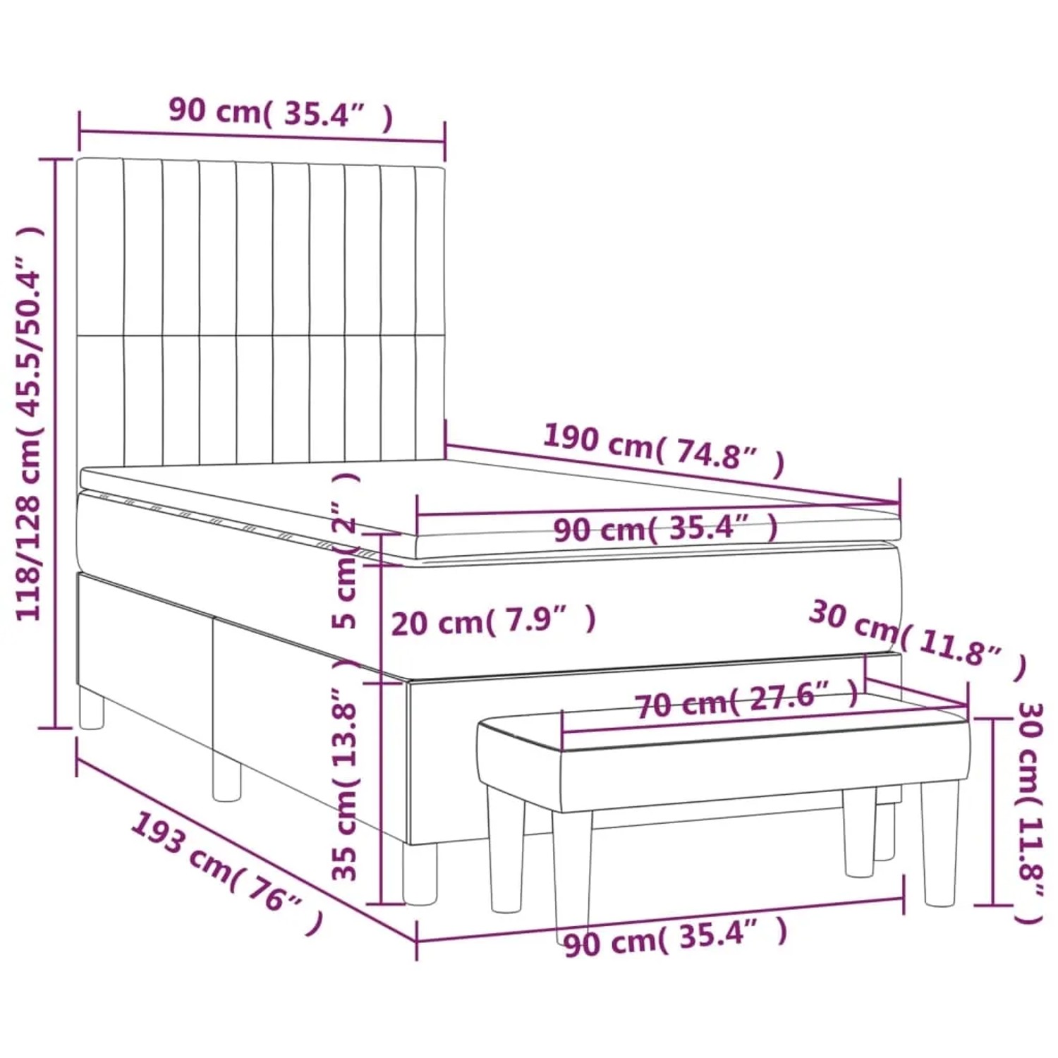 Schwarzes vidaXL Boxspringbett (90x190 cm) mit Matratze und Bank, Samtbezug.