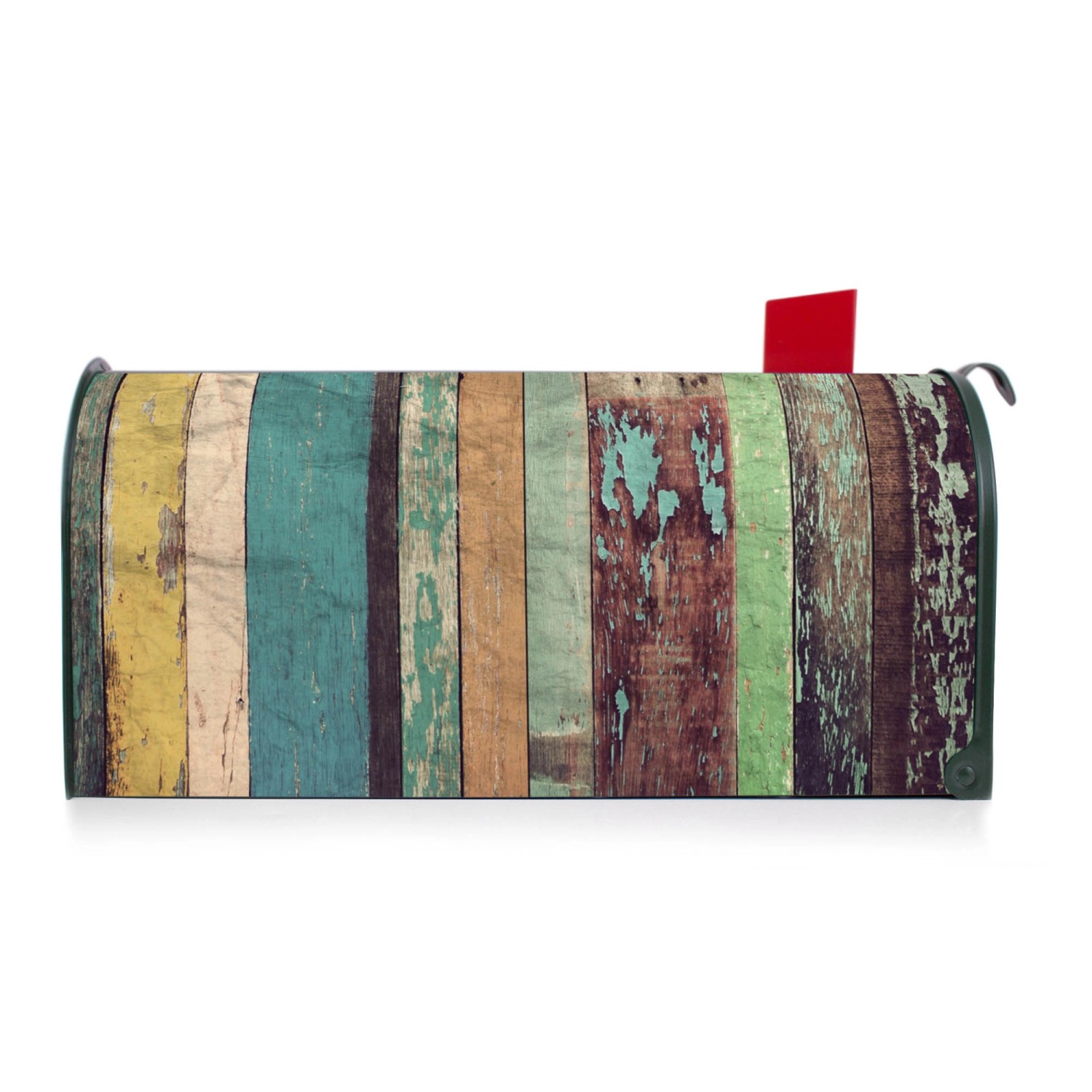 Grüner Banjado US Briefkasten mit Motiv Bunte Bretterwand und roter Fahne.
