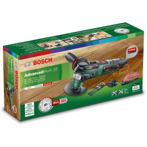 Bosch AdvancedMulti 18 V Akku-Multifunktionsgerät im Set mit Zubehör, ideal zum Sägen, Schleifen und Schaben.