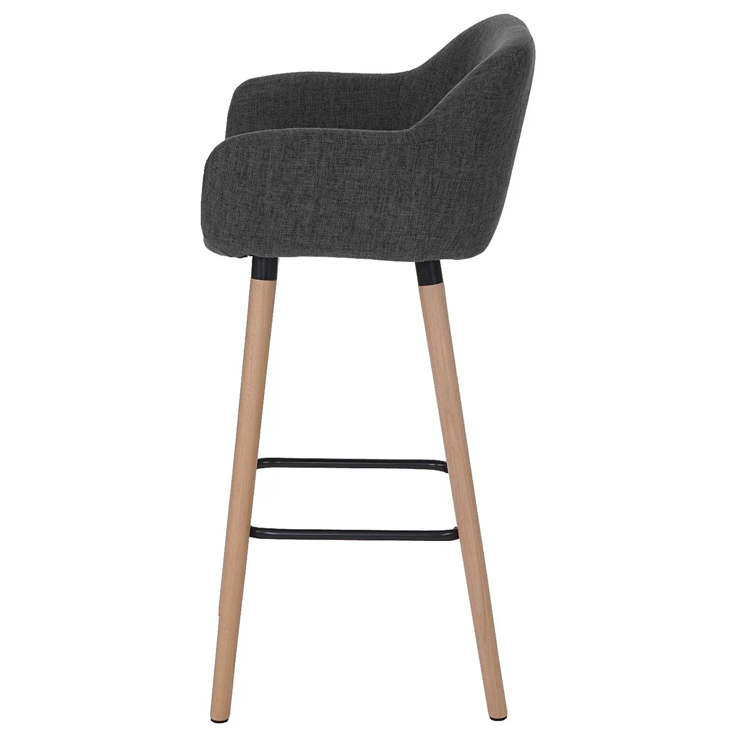 Dunkelgrauer Textil Barhocker Oslo mit Lehne, gepolstertem Sitz, Holzbeinen und schwarzer Fußablage im skandinavischen Design.