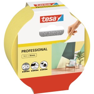 Tesa Malerband Professional, 50 m x 38 mm, gelbes Abdeckband für scharfe Farbkanten.