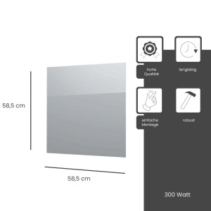 Fenix Infrarotheizung ECOSUN Glasheizung, 300W, Platinum Grey, mit Maßangaben und Icons zu Produkteigenschaften.