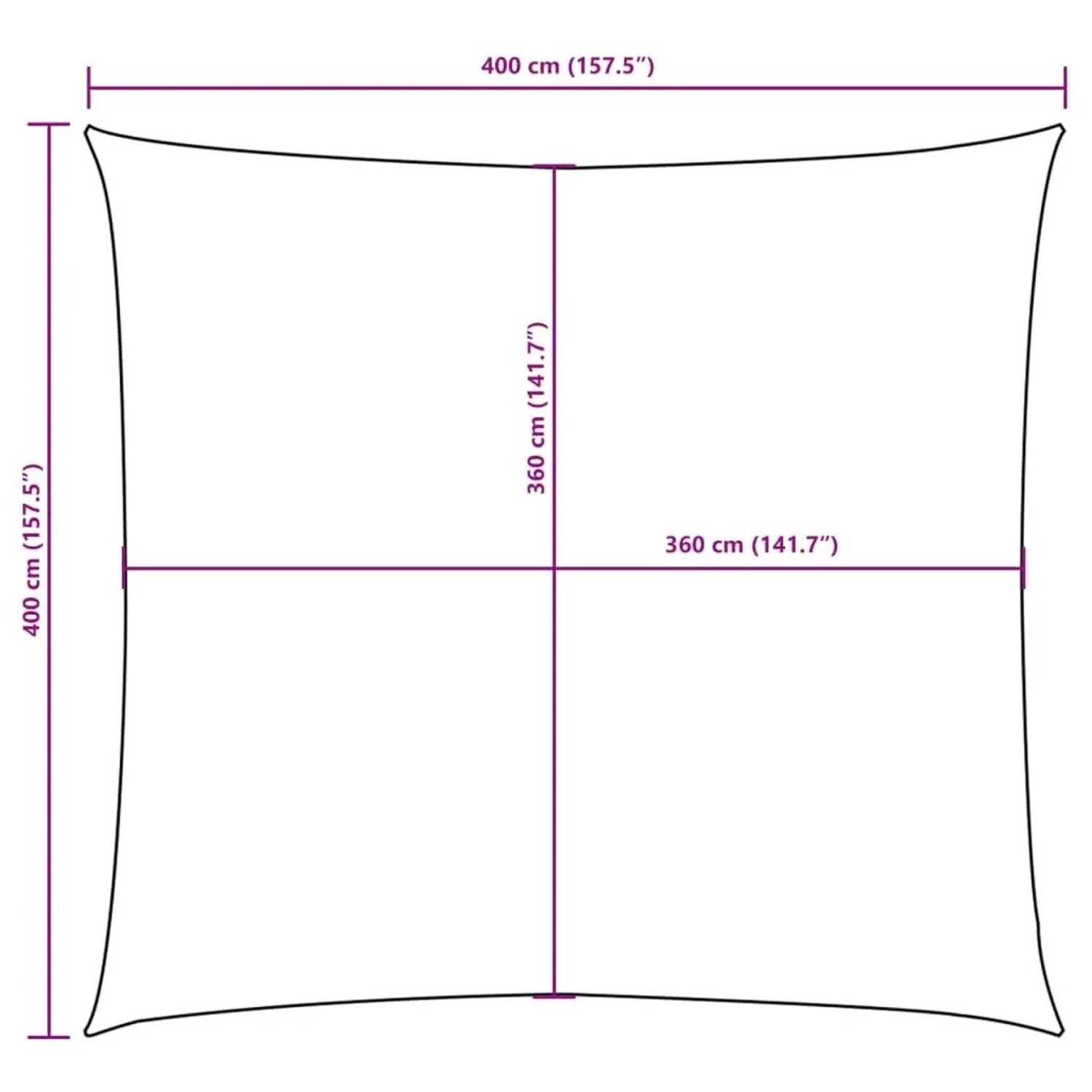 Quadratisches, taupefarbenes 4x4 m Sonnensegel aus Oxford-Gewebe mit Maßangaben.