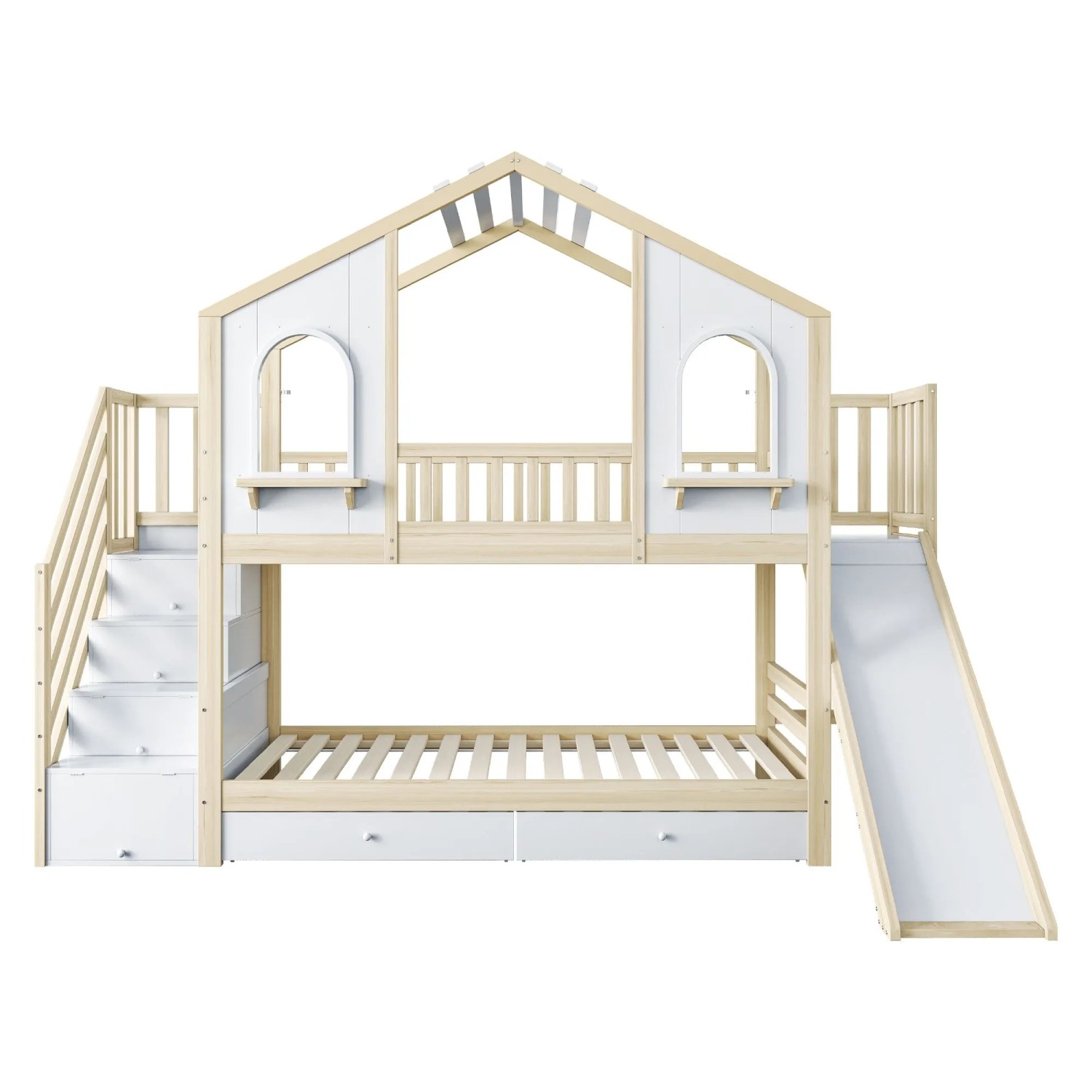 Merax Kinder-Etagenbett 90x200cm Hausdesign Rutsche Holzfarbe