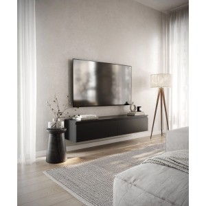 Schwarzes Selsey TV-Hängeboard Bemmi 150 cm im Wohnzimmer mit TV und Dekoration.