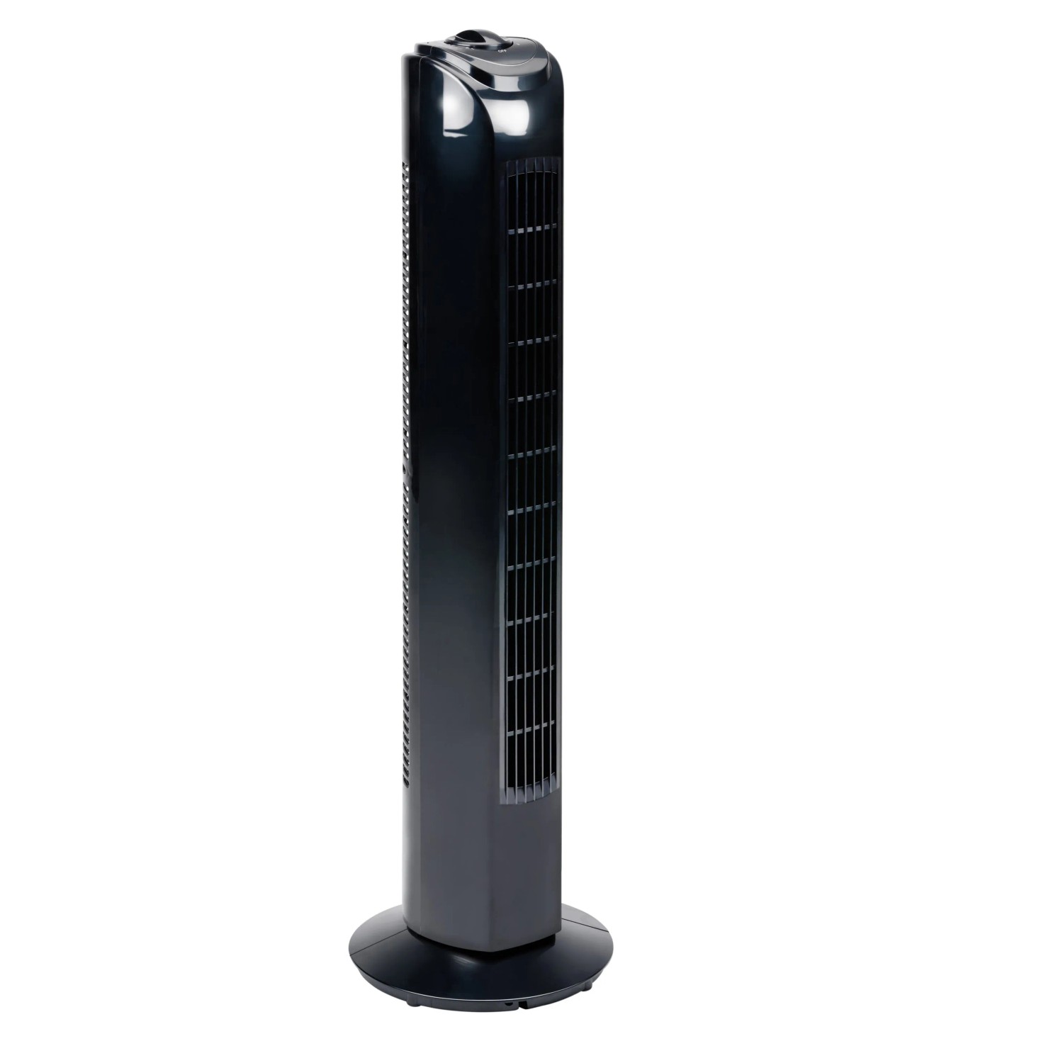 Schwarzer Turmventilator, 81 cm hoch, mit Oszillation für eine gleichmäßige Luftverteilung.
