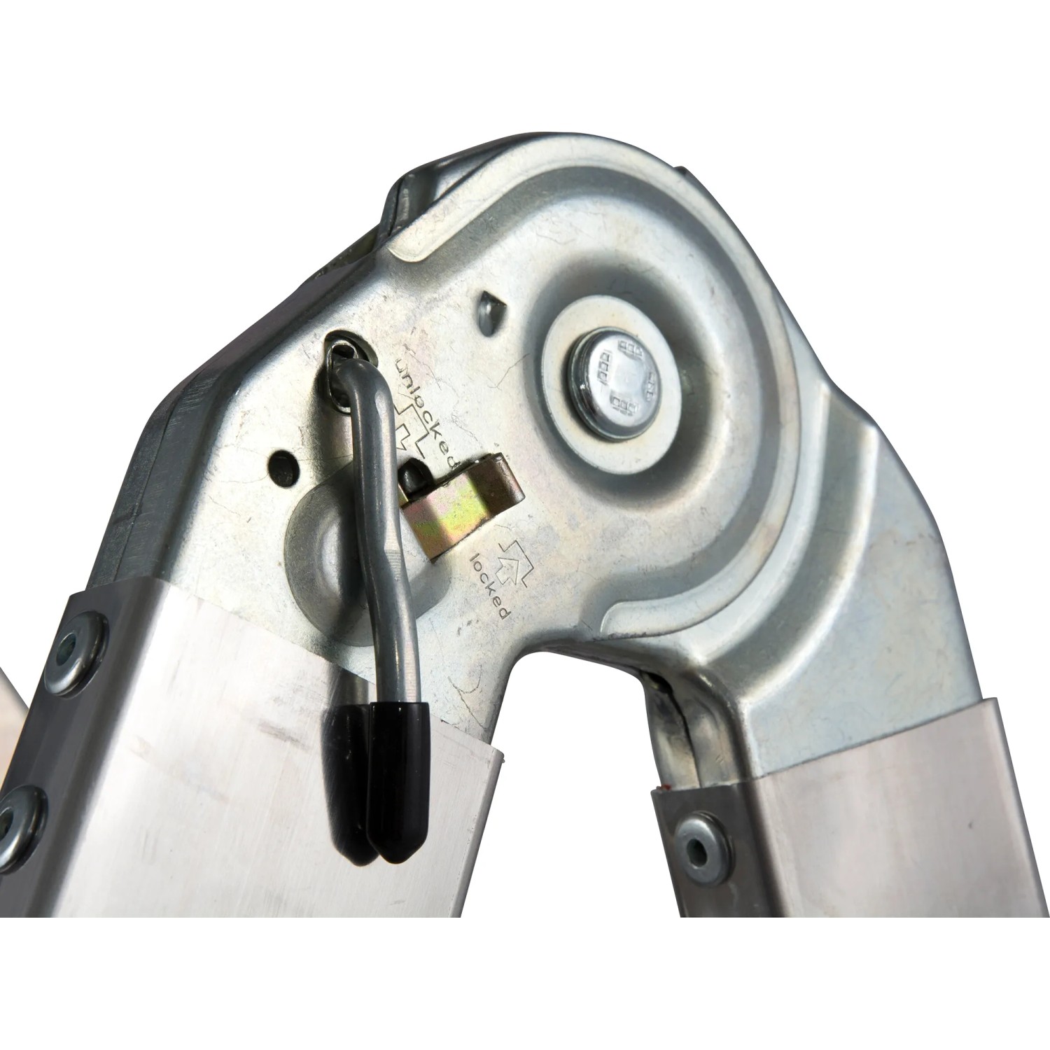 Detailaufnahme des Gelenks der Krause Teleskopleiter mit Verriegelungsmechanismus.