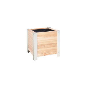 Quadratischer Wilk Pflanzkübel aus Lärche mit silbernen Metallbeschlägen, 40x40x41 cm.