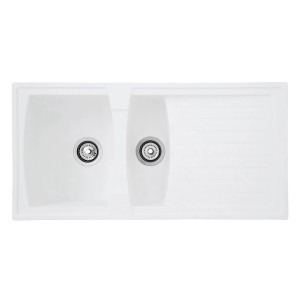 Respekta Mineralite Einbauspüle Boston, 100x50 cm, Weiß. Granitspüle mit Abtropffläche und zwei Becken.