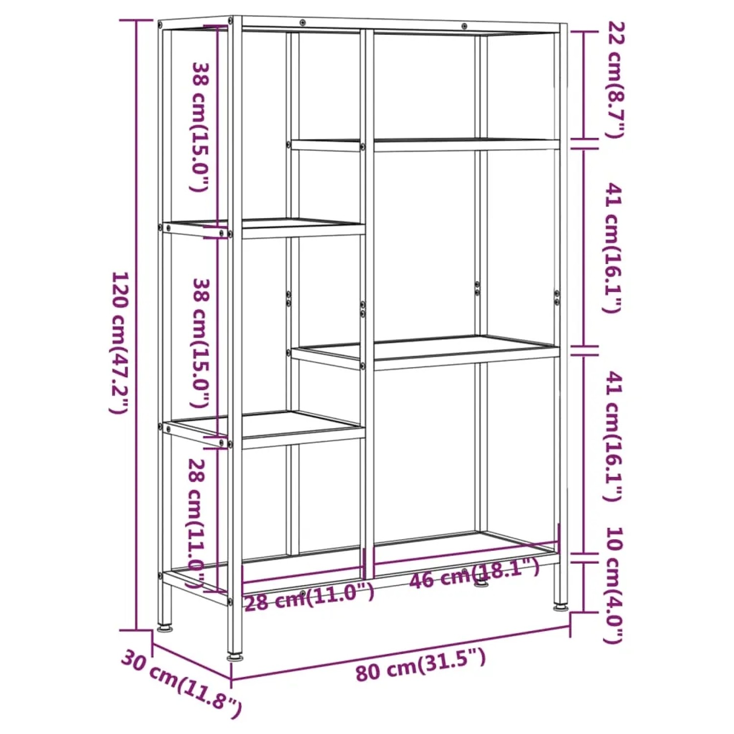 VidaXL Bücherregal 80x30x120 cm, Stahl/Holzwerkstoff, Maßeinteilung