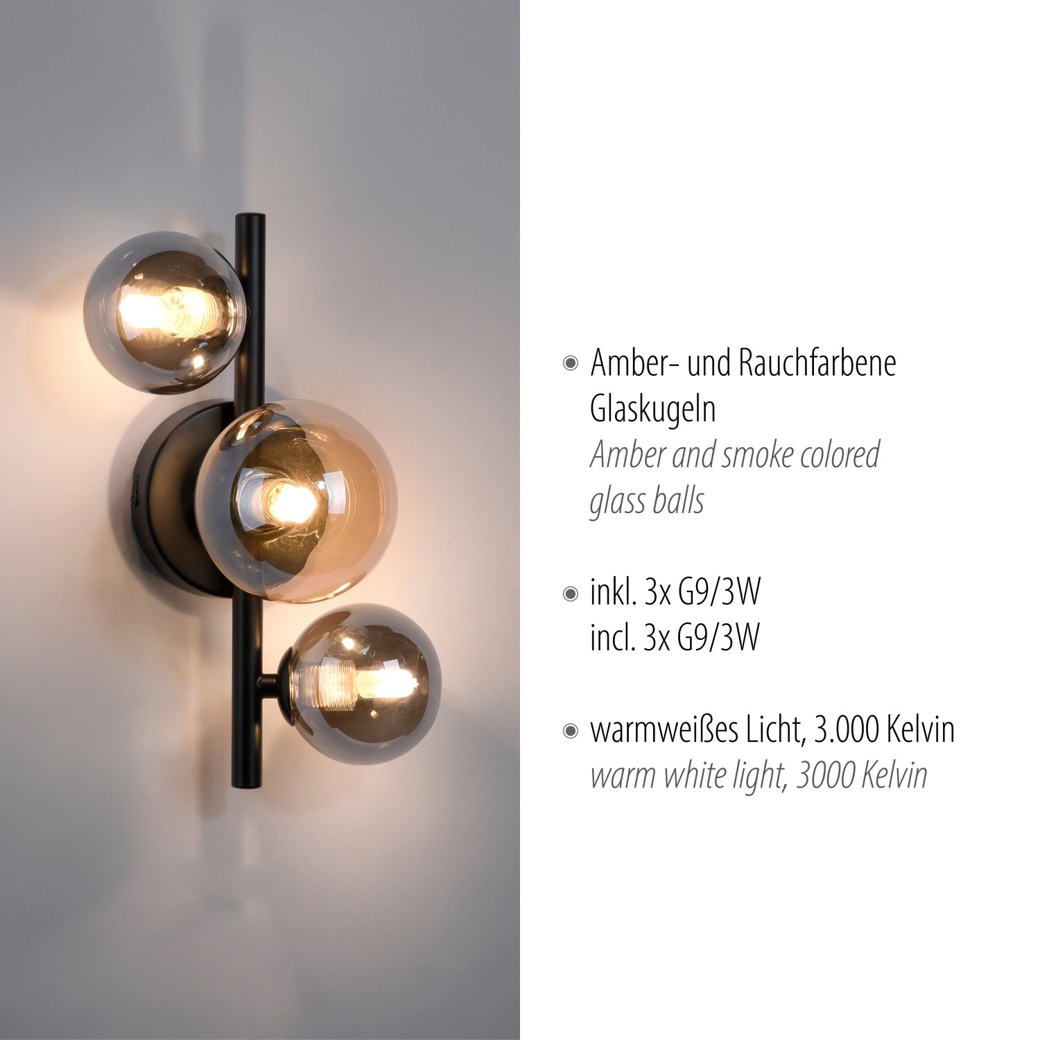 Paul Neuhaus Wandlampe Popsicle, schwarz, mit drei Amber- und Rauchglas-Kugeln.
