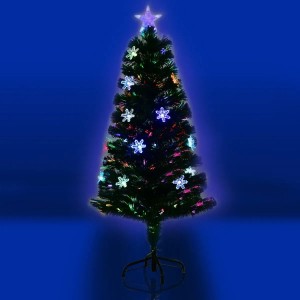Künstlicher Weihnachtsbaum 120cm mit Glasfaser-Farbwechsler, leuchtender Sternspitze und Schneeflocken-LEDs auf Metallständer.