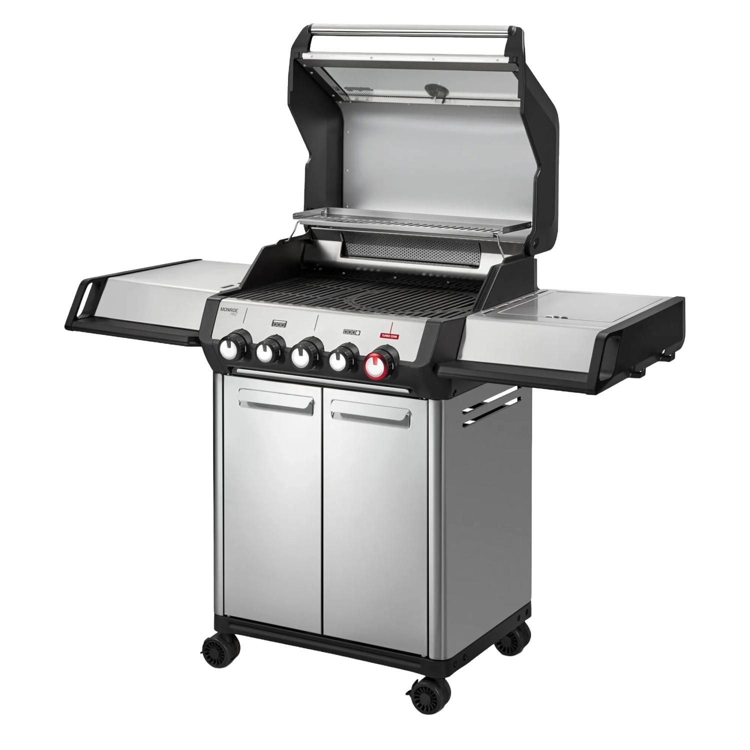 Enders Gasgrill Monroe Pro 3 SIKR Turbo mit Seitenkocher und offenem Deckel.