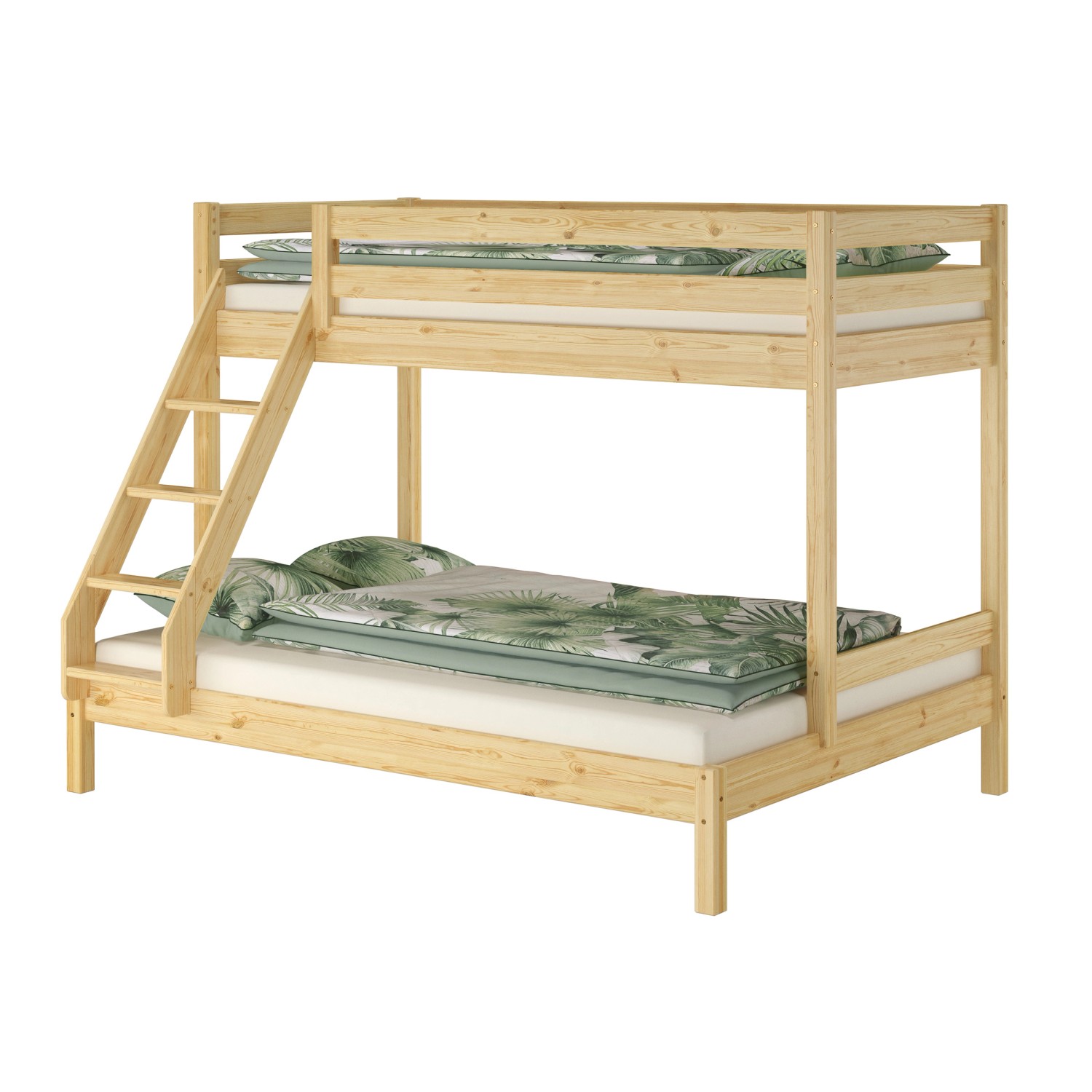 Erst-Holz Doppel-Etagenbett 90 x 200 cm und 140 x 200 cm Erwachsene Kiefer Natur Modell 18 Rollrost und Bettkasten inkl.