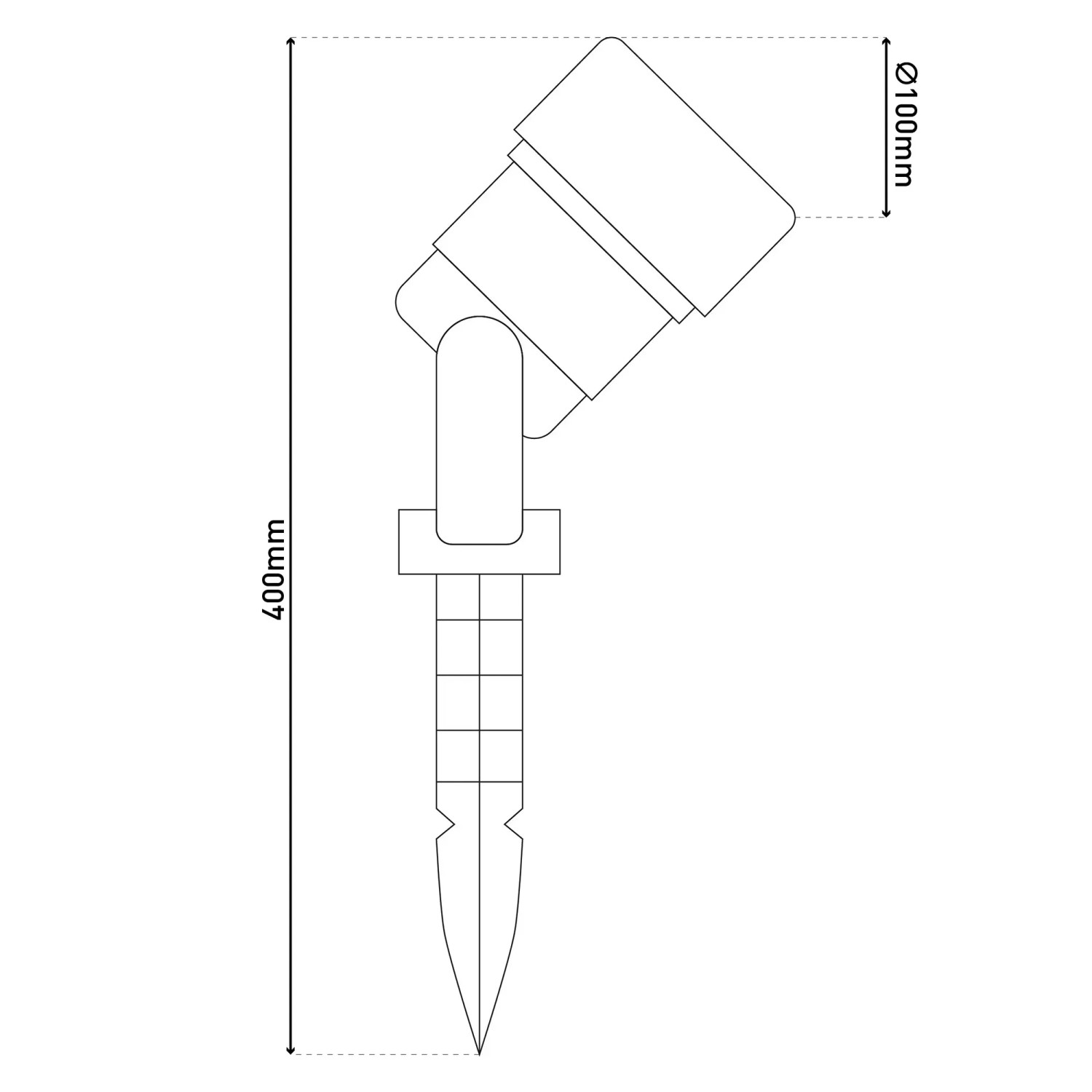Skizze eines schwarzen Näve LED Außenwandlaser Projektors mit Erdspieß, Maße: 400x100mm.