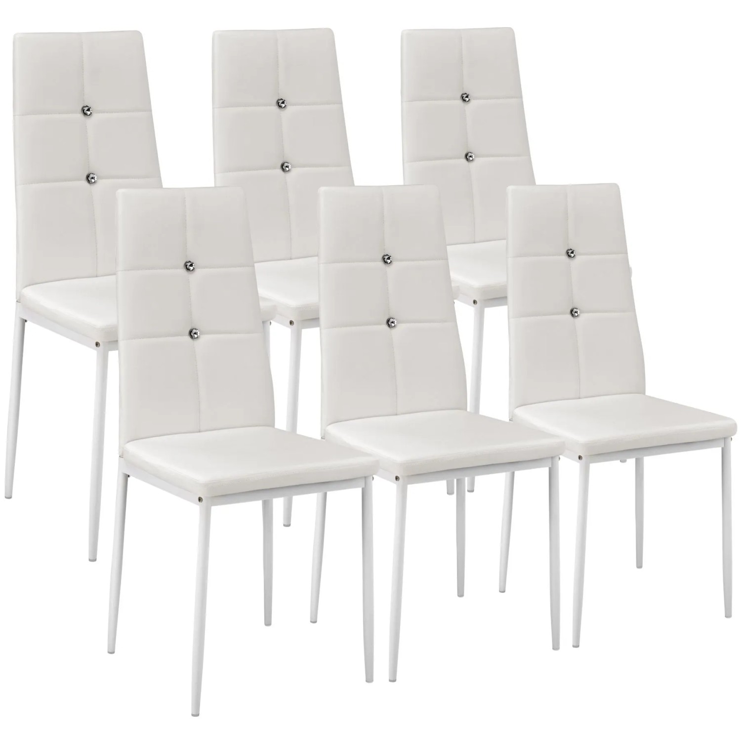 Tectake Set Esszimmerstuhl Julien Gepolstert Mit Kunstlederbezug Hohe Rückenlehne Mit Glitzersteinen 6Er Set 40 x 42 x 97 cm Weiß