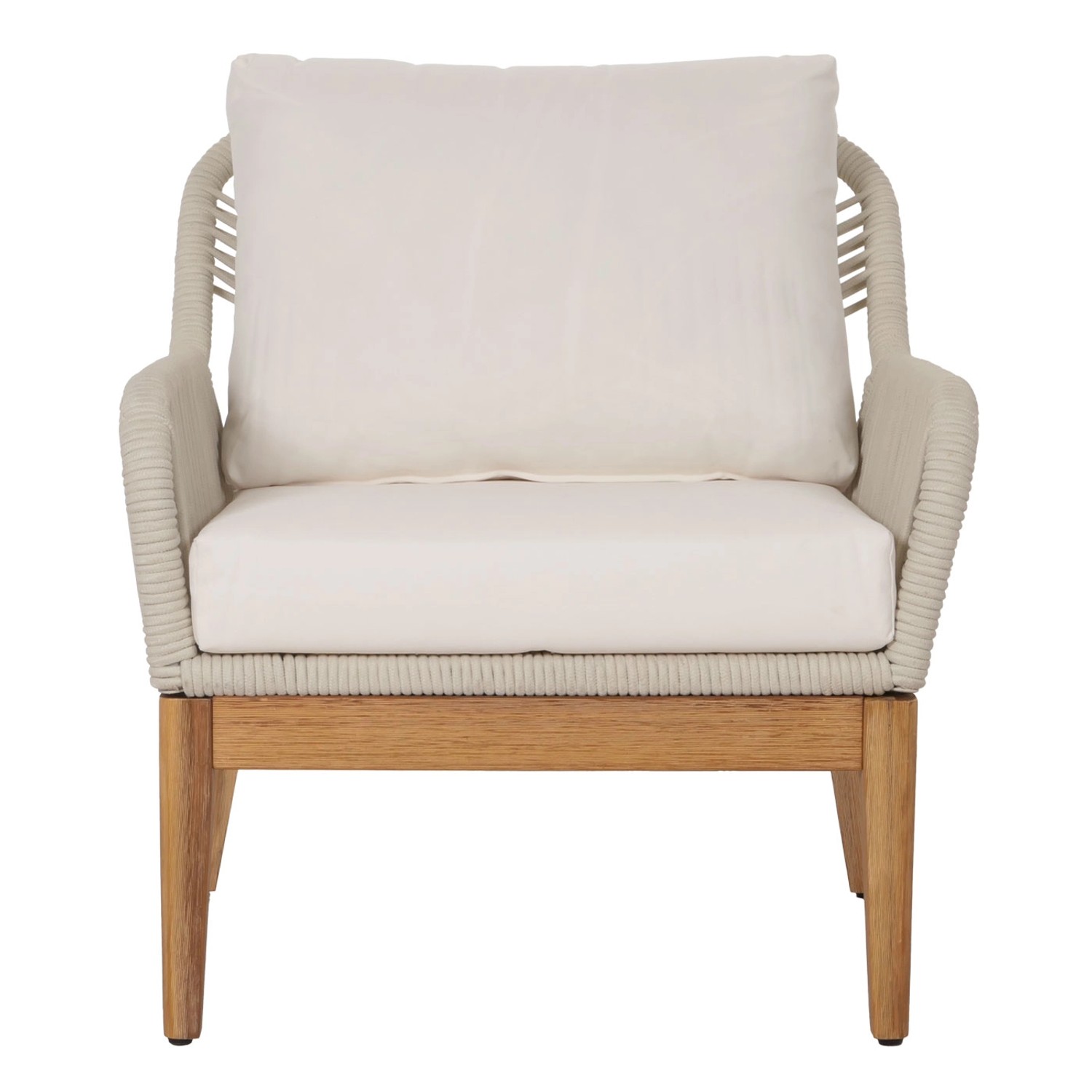 Cremefarbener Sessel der 4-teiligen MCW Gartengarnitur H56b mit Akazienholz und Seilgeflecht.