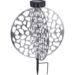 Silberne Globo LED Solarleuchte mit Erdspieß für den Garten.
