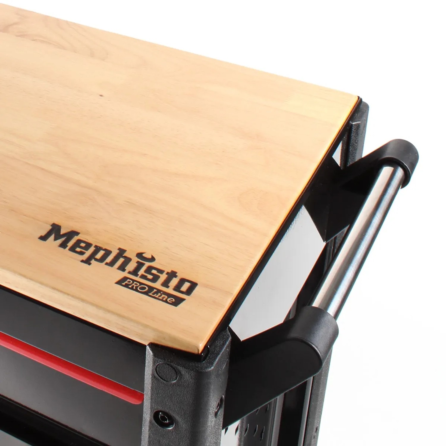 Detailansicht: Mephisto Pro-Line Werkzeugwagen BIG XXL mit Holzplatte und Griff.