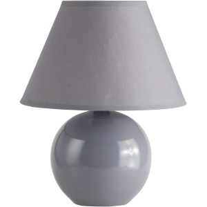 Graue Keramik Tischleuchte mit Stoffschirm für Nachttisch oder Sideboard.