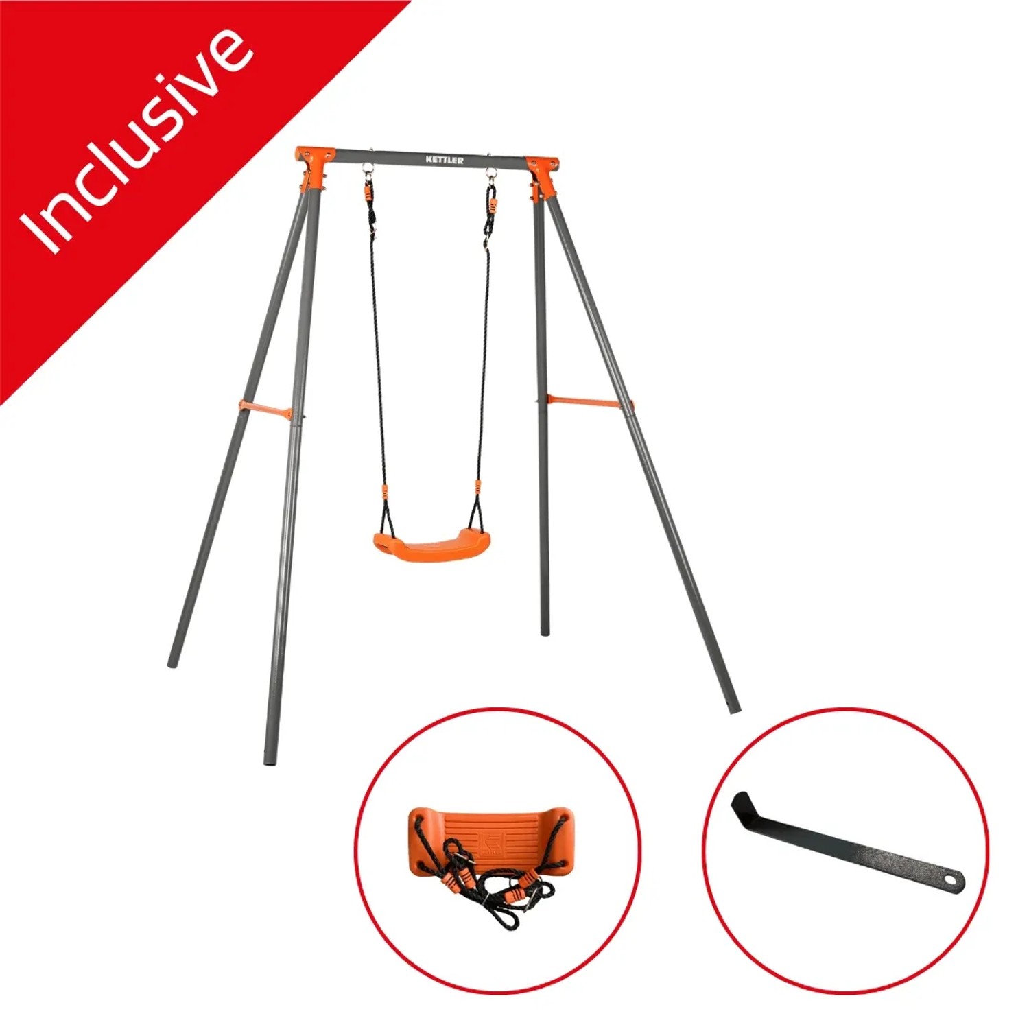 Kettler Einzelschaukel Single mit grauem Metallrahmen, orangefarbenem Sitz und Baby-Schaukelsitz.