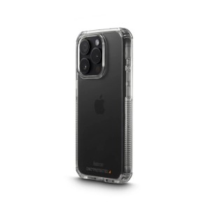 Klare Hama Handyhülle Extreme Protect für Apple iPhone 15 Pro, zeigt das Smartphone mit D3O-Schutz und verstärkten Kanten.