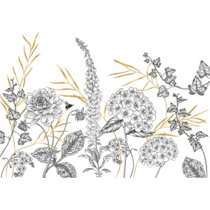Komar Vliesfototapete Bumble Bee, Blumenmuster mit goldenen Akzenten und einer kleinen Biene.