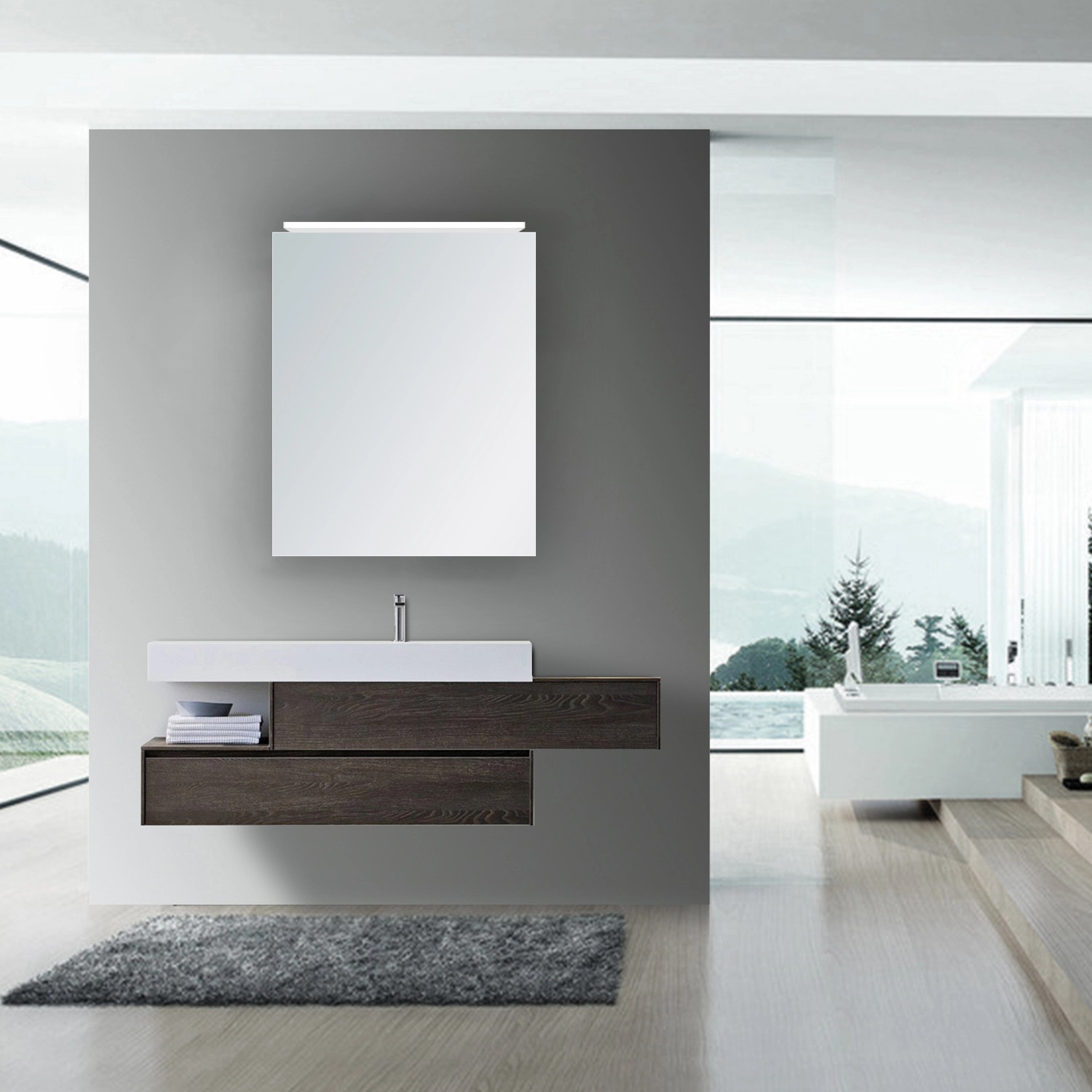 Moderner DSK Spiegelschrank Aluminio Vegas, 50 cm breit, mit Kranzbeleuchtung in Alufarben.