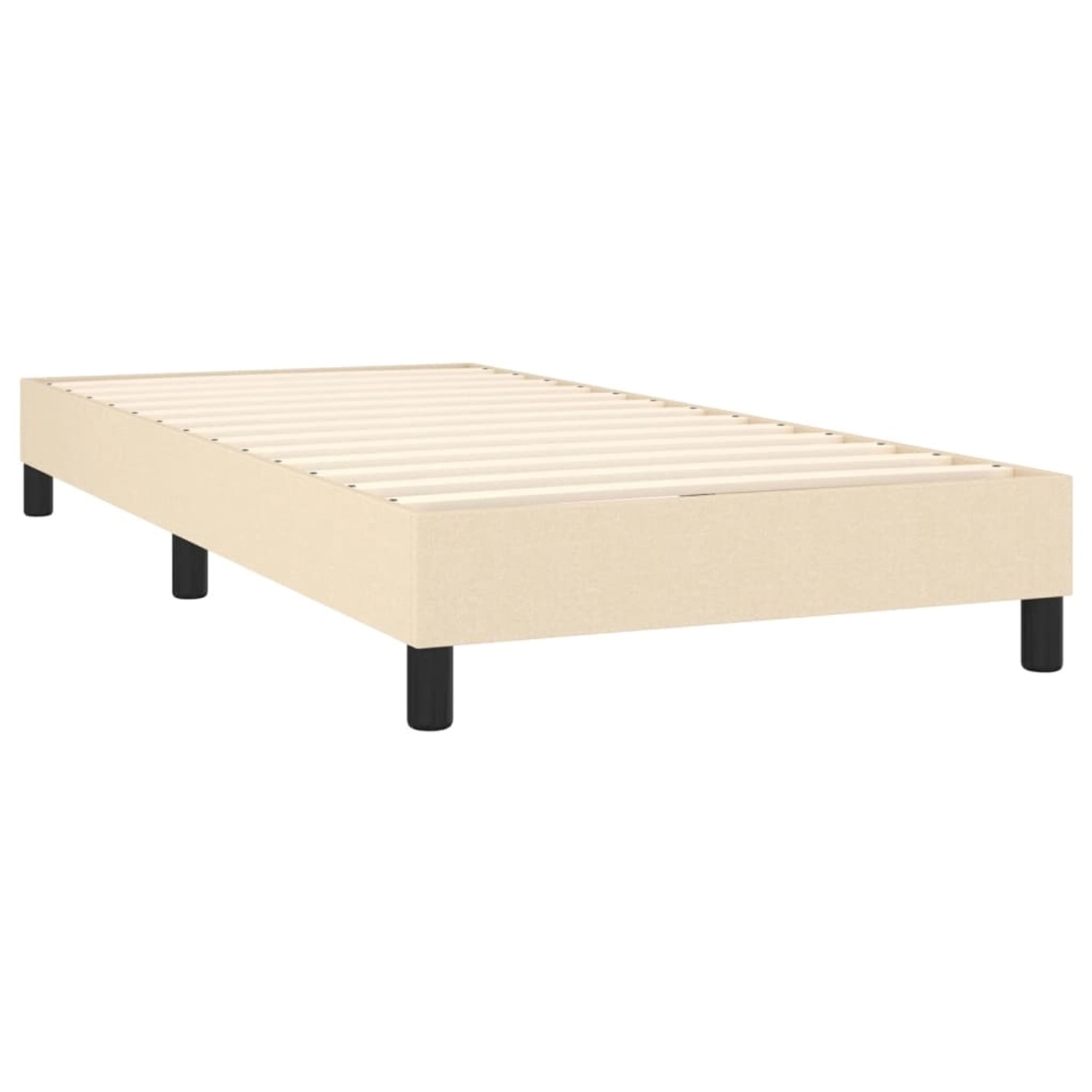 Cremefarbenes vidaXL Boxspringbett 100x200 cm aus Stoff mit Lattenrost und schwarzen Füßen.